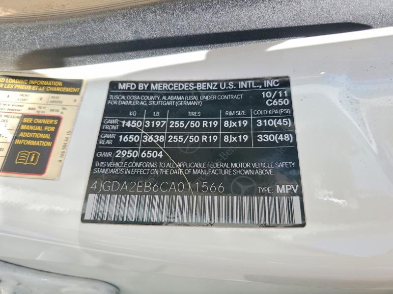 2012 Mercedes-benz Ml მანქანა იყიდება აუქციონზე, vin: 4JGDA2EB6CA011566, აუქციონის ნომერი: 56335886