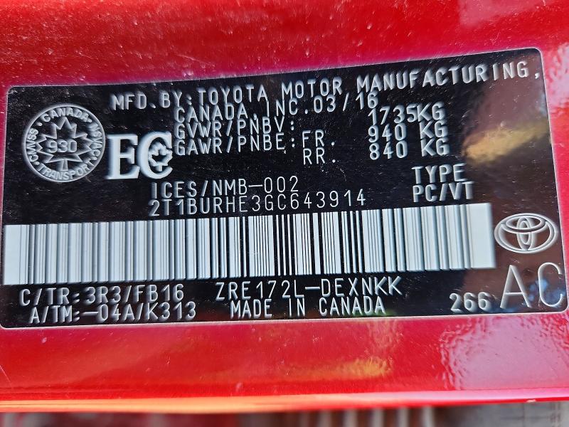 57648336 :رقم المزاد ، 2T1BURHE3GC643914 vin ، 2016 Toyota Corolla مزاد بيع