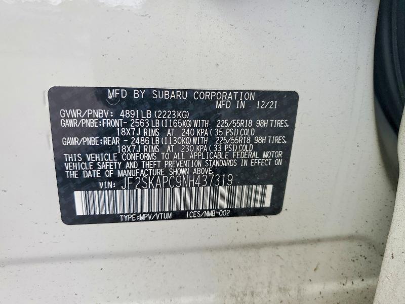 Aukcja sprzedaży 2022 Subaru Forester, vin: JF2SKAPC9NH437319, numer aukcji: 55895156