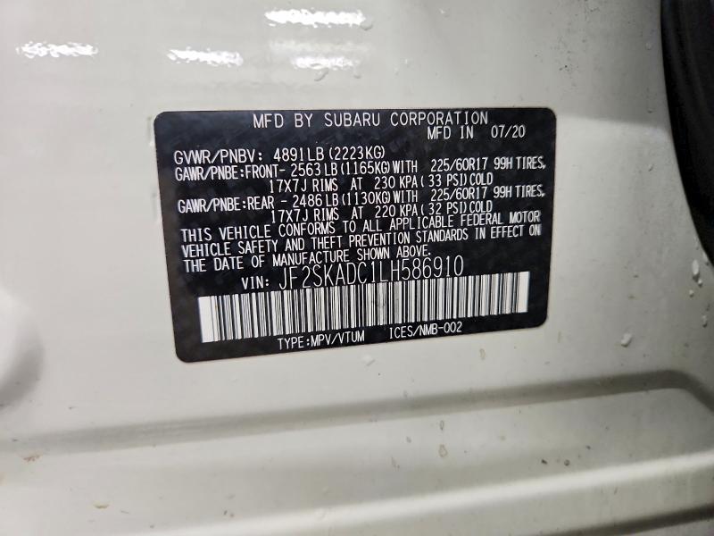 56602016 :رقم المزاد ، JF2SKADC1LH586910 vin ، 2020 Subaru Forester مزاد بيع