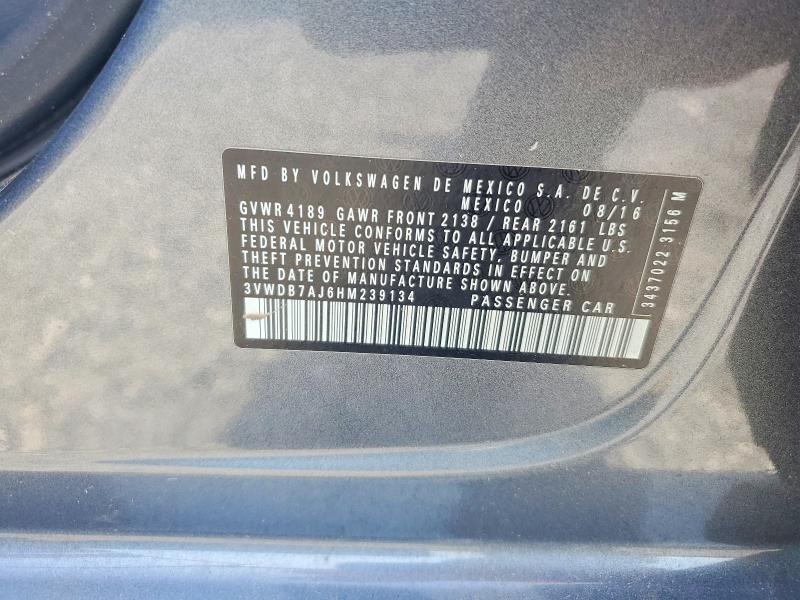 2017 Volkswagen Jetta მანქანა იყიდება აუქციონზე, vin: 3VWDB7AJ6HM239134, აუქციონის ნომერი: 55947466