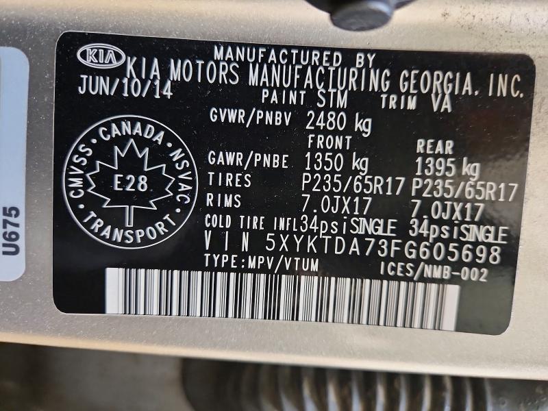 54549876 :رقم المزاد ، 5XYKTDA73FG605698 vin ، 2015 Kia Sorento مزاد بيع