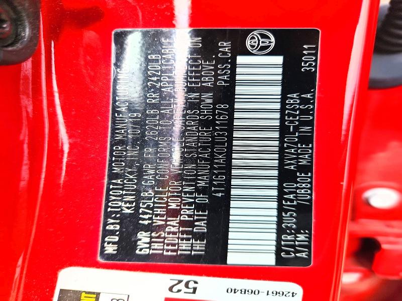 2020 Toyota Camry მანქანა იყიდება აუქციონზე, vin: 4T1G11AK0LU311678, აუქციონის ნომერი: 59153706