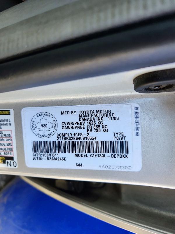 Продаж на аукціоні авто 2004 Toyota Corolla, vin: 2T1BR32E64C816554, номер лоту: 55393456