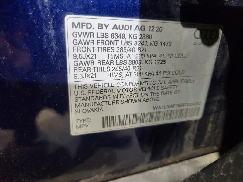 2021 Audi Q7 მანქანა იყიდება აუქციონზე, vin: WA1LXAF78MD024252, აუქციონის ნომერი: 56400486