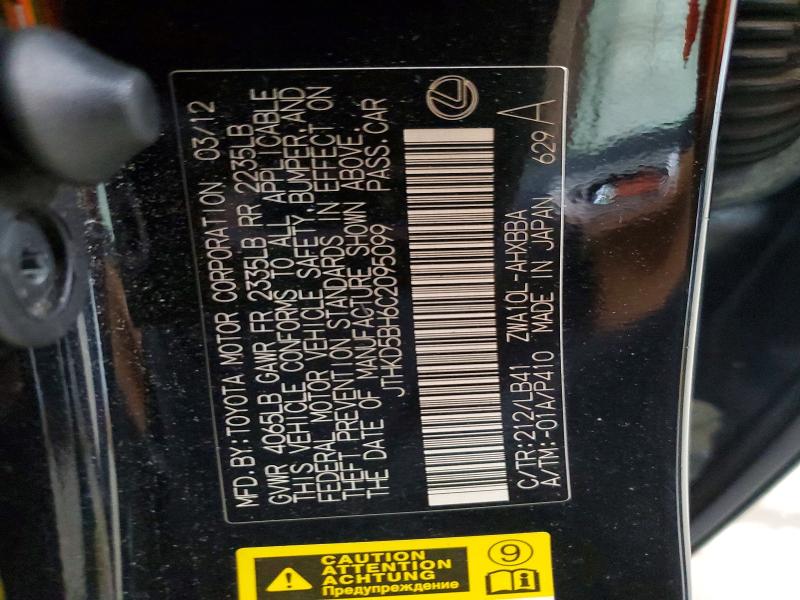 58077996 :رقم المزاد ، JTHKD5BH6C2095099 vin ، 2012 Lexus Ct مزاد بيع