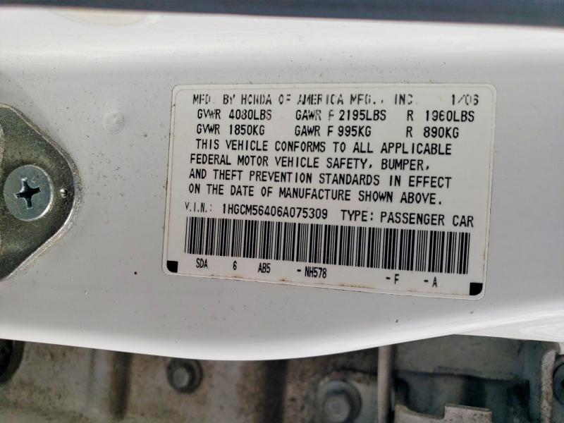 Продаж на аукціоні авто 2006 Honda Accord, vin: 1HGCM56406A075309, номер лоту: 57461346