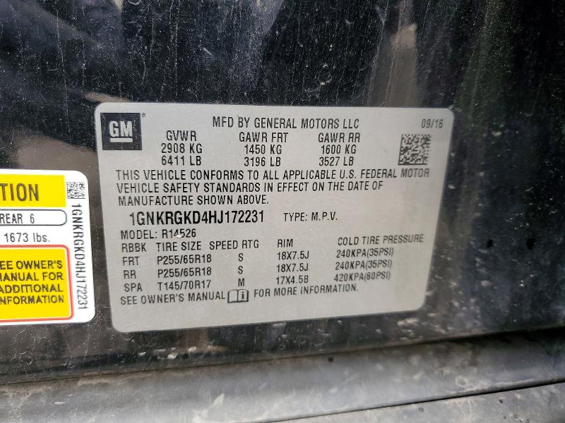 2017 Chevrolet Traverse მანქანა იყიდება აუქციონზე, vin: 1GNKRGKD4HJ172231, აუქციონის ნომერი: 57814956