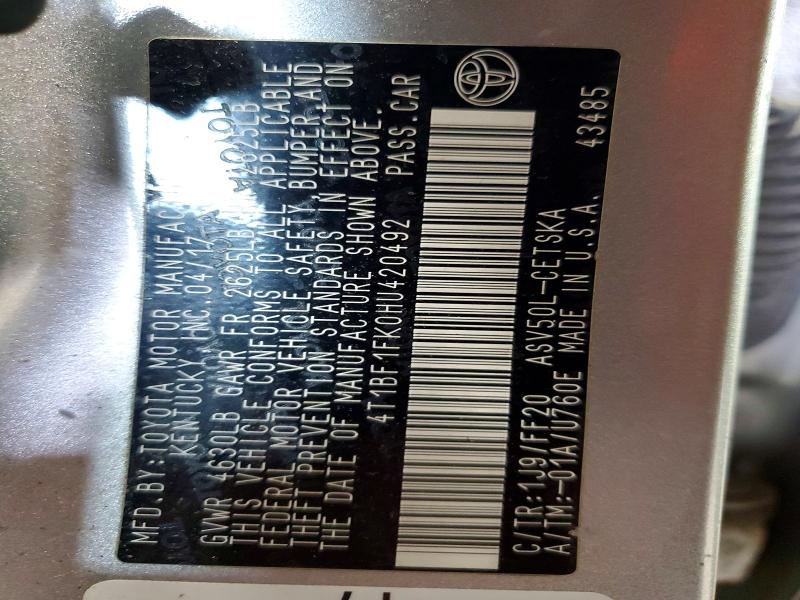2017 Toyota Camry მანქანა იყიდება აუქციონზე, vin: 4T1BF1FK0HU420492, აუქციონის ნომერი: 58686266