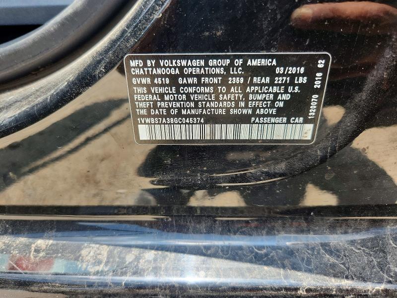 55944896 :رقم المزاد ، 1VWBS7A38GC045374 vin ، 2016 Volkswagen Passat مزاد بيع