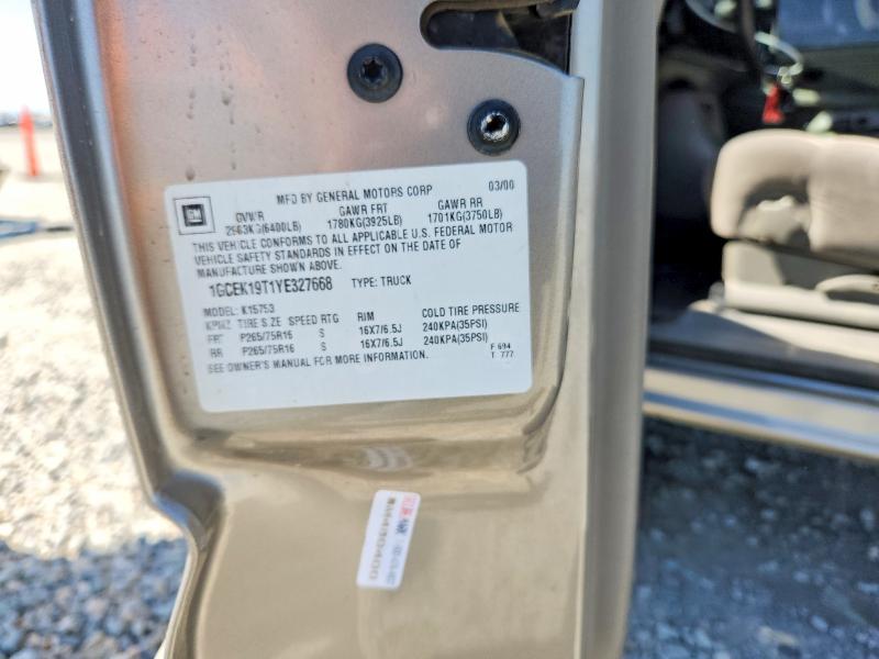 Aukcja sprzedaży 2000 Chevrolet Silverado, vin: 1GCEK19T1YE327668, numer aukcji: 57222586