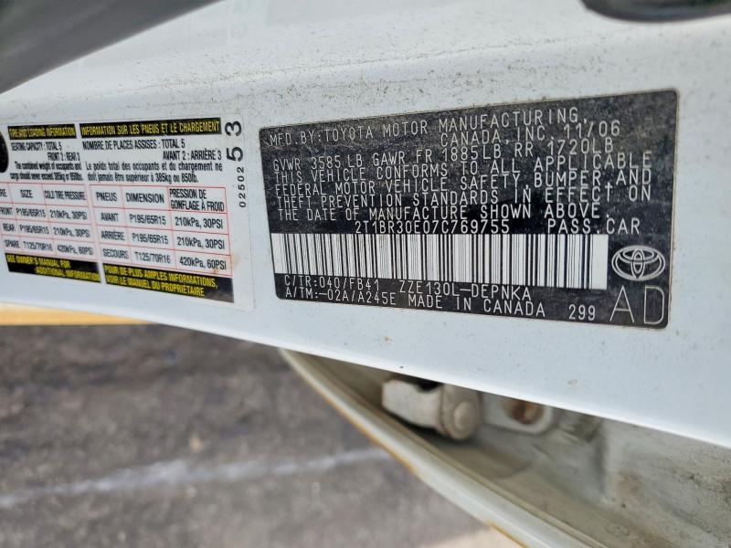 Продаж на аукціоні авто 2007 Toyota Corolla, vin: 2T1BR30E07C769755, номер лоту: 56104056