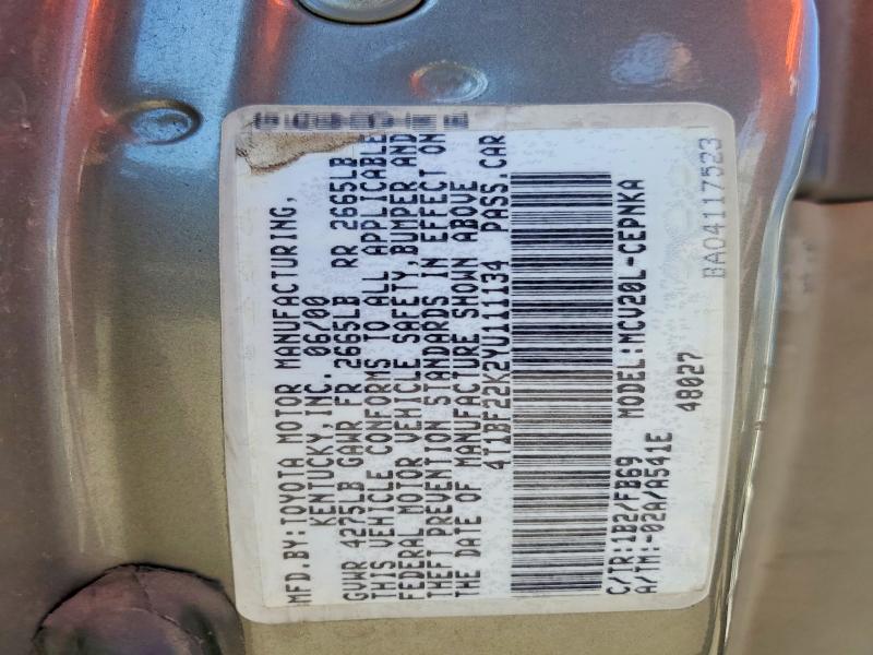 Продаж на аукціоні авто 2000 Toyota Camry, vin: 4T1BF22K2YU111134, номер лоту: 57533756