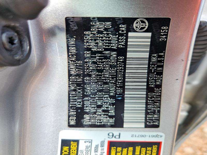 2017 Toyota Camry მანქანა იყიდება აუქციონზე, vin: 4T1BF1FK8HU293748, აუქციონის ნომერი: 58945716