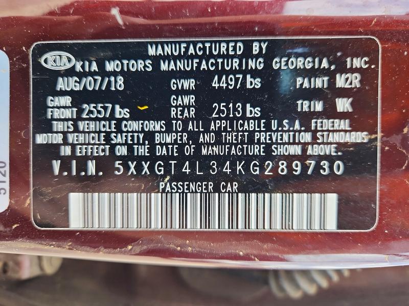 58561716 :رقم المزاد ، 5XXGT4L34KG289730 vin ، 2019 Kia Optima مزاد بيع