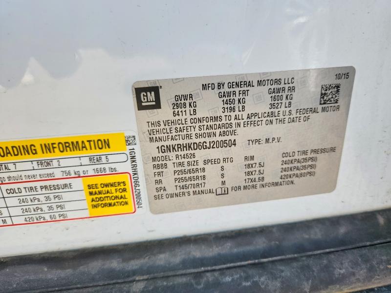 Aukcja sprzedaży 2016 Chevrolet Traverse, vin: 1GNKRHKD6GJ200504, numer aukcji: 56531726