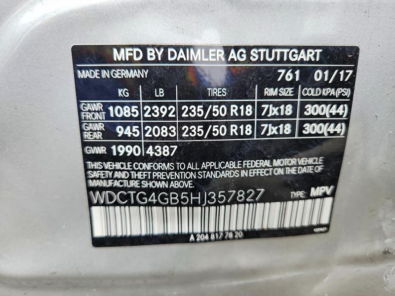 2017 Mercedes-benz Gla მანქანა იყიდება აუქციონზე, vin: WDCTG4GB5HJ357827, აუქციონის ნომერი: 56169686