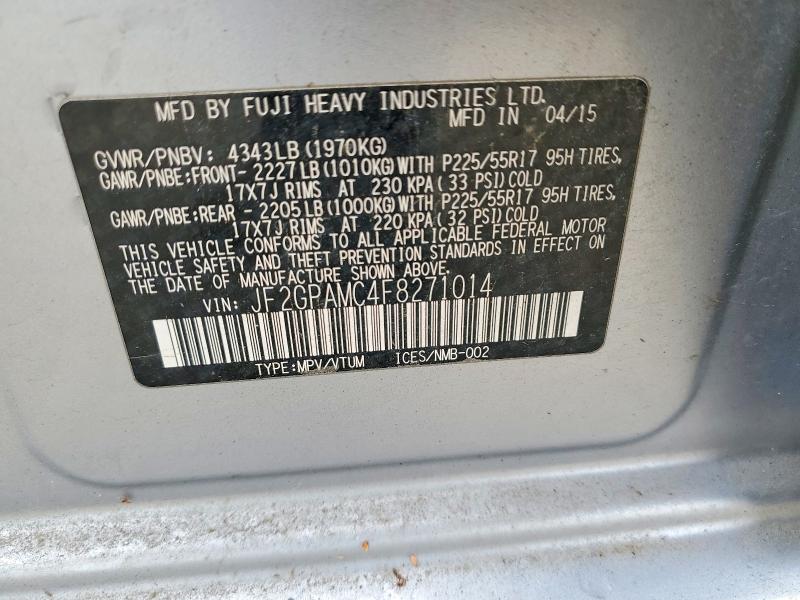 2015 Subaru Xv Crosstrek მანქანა იყიდება აუქციონზე, vin: JF2GPAMC4F8271014, აუქციონის ნომერი: 55844416