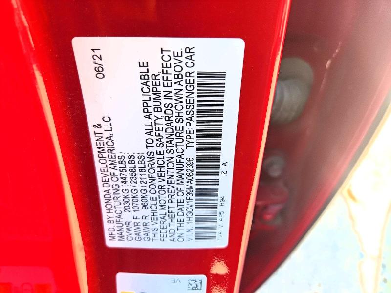 Aukcja sprzedaży 2021 Honda Accord, vin: 1HGCV1F39MA082396, numer aukcji: 56108476