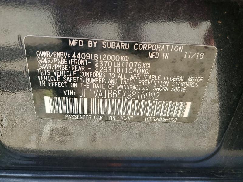 Aukcja sprzedaży 2019 Subaru Wrx, vin: JF1VA1B65K9816992, numer aukcji: 55391276