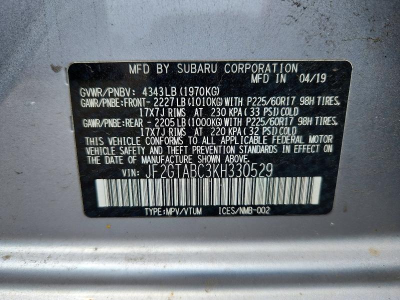 Aukcja sprzedaży 2019 Subaru Crosstrek, vin: JF2GTABC3KH330529, numer aukcji: 57444926