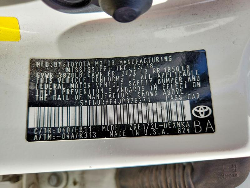Продаж на аукціоні авто 2018 Toyota Corolla, vin: 5YFBURHE4JP828271, номер лоту: 55814026