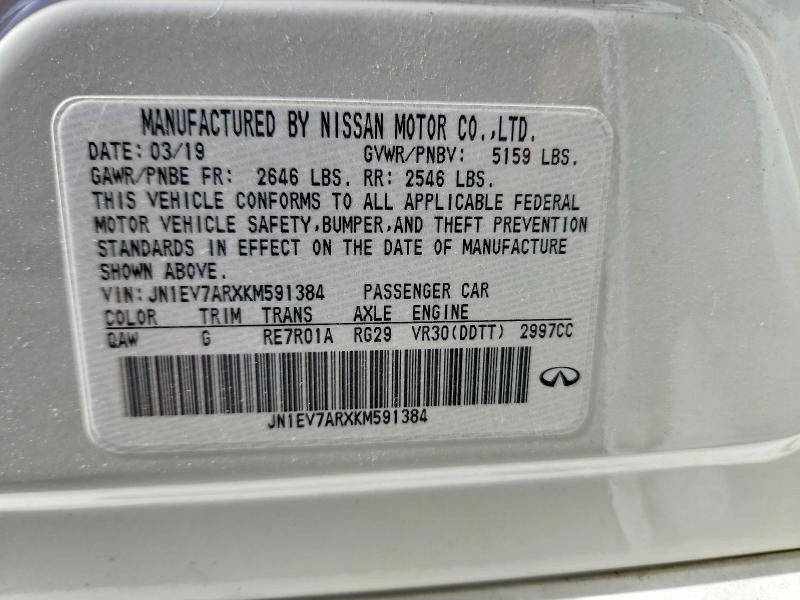 58147276 :رقم المزاد ، JN1EV7ARXKM591384 vin ، 2019 Infiniti Q50 مزاد بيع