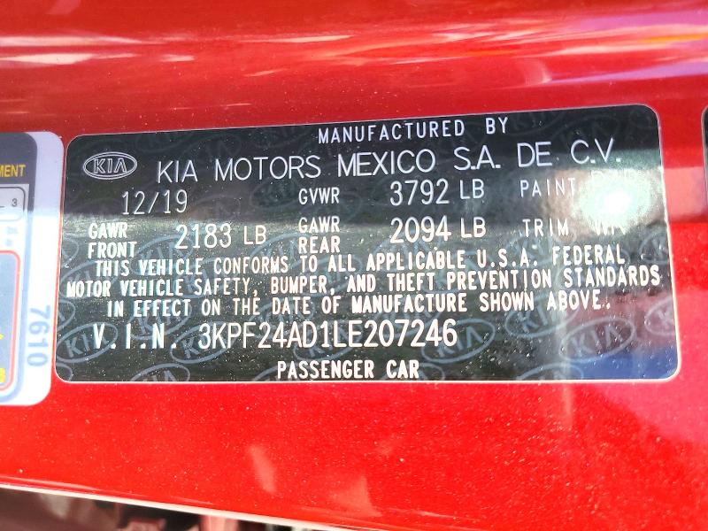 56679616 :رقم المزاد ، 3KPF24AD1LE207246 vin ، 2020 Kia Forte مزاد بيع