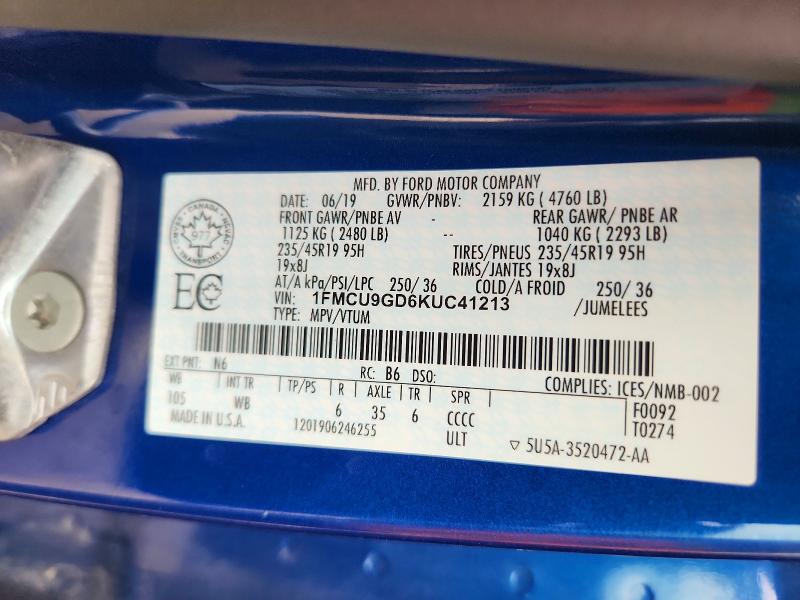 2019 Ford Escape მანქანა იყიდება აუქციონზე, vin: 1FMCU9GD6KUC41213, აუქციონის ნომერი: 59170226