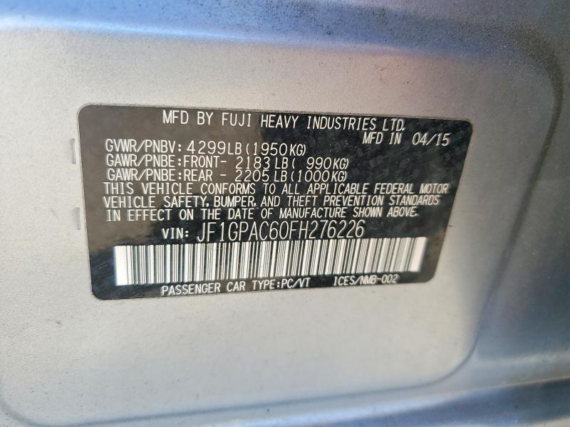 55579366 :رقم المزاد ، JF1GPAC60FH276226 vin ، 2015 Subaru Impreza مزاد بيع