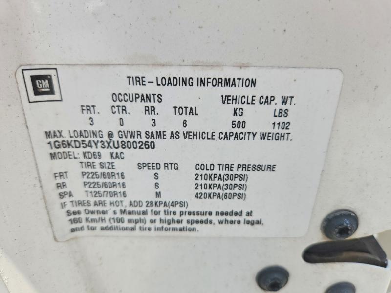 59327616 :رقم المزاد ، 1G6KD54Y3XU800260 vin ، 1999 Cadillac Deville مزاد بيع