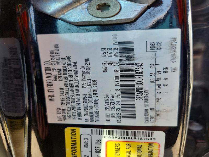 2020 Ford Fusion მანქანა იყიდება აუქციონზე, vin: 3FA6P0HDXLR187643, აუქციონის ნომერი: 49082256