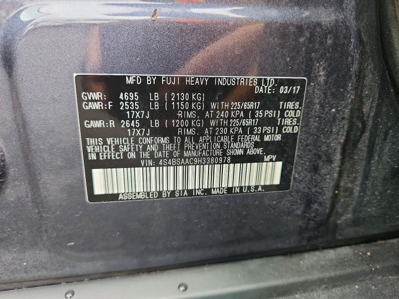 59112766 :رقم المزاد ، 4S4BSAAC9H3380978 vin ، 2017 Subaru Outback مزاد بيع