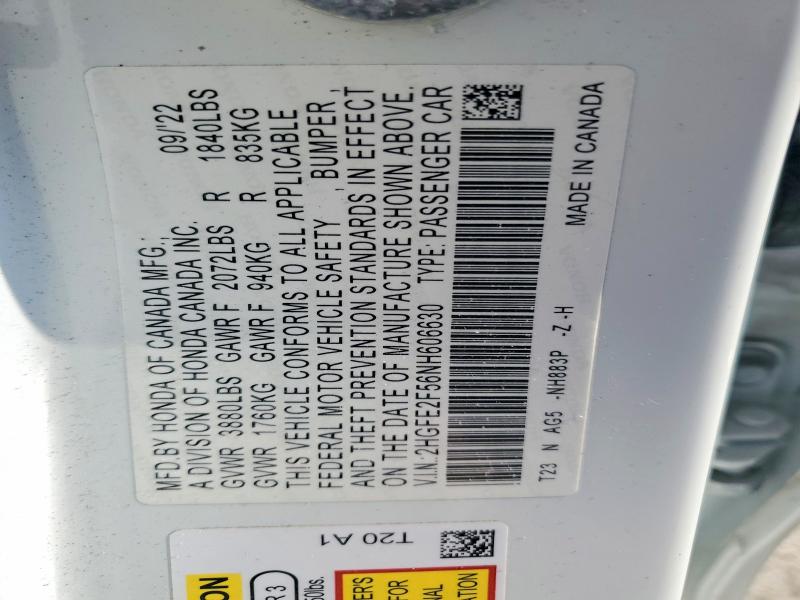 Aukcja sprzedaży 2022 Honda Civic, vin: 2HGFE2F56NH606630, numer aukcji: 57170246