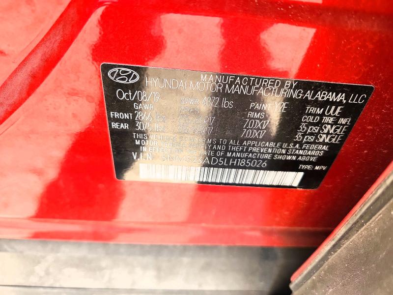 2020 Hyundai Santa Fe მანქანა იყიდება აუქციონზე, vin: 5NMS23AD5LH185026, აუქციონის ნომერი: 58454406