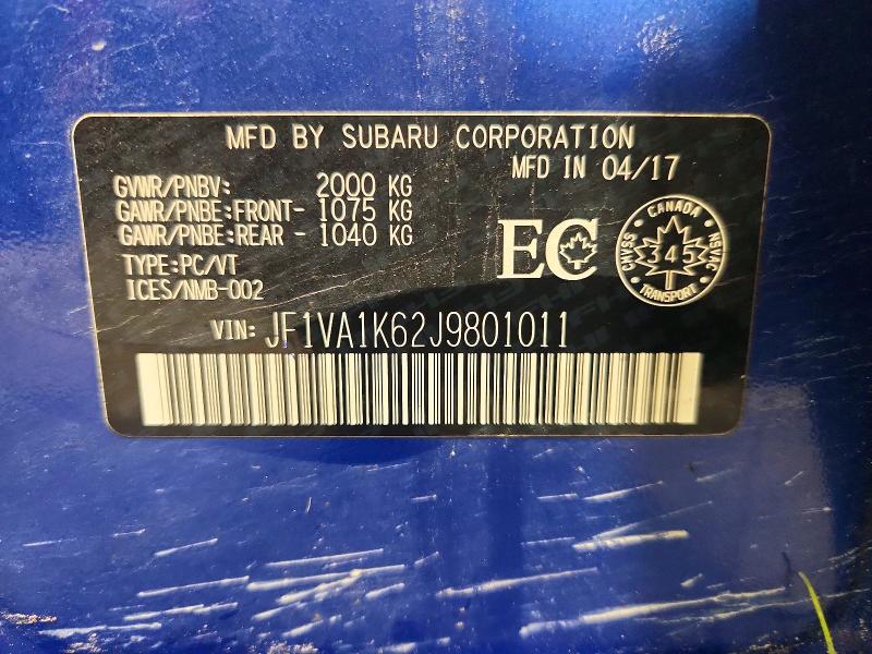 Продажа на аукционе авто 2018 Subaru Wrx, vin: JF1VA1K62J9801011, номер лота: 57743126