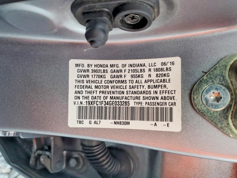 2016 Honda Civic მანქანა იყიდება აუქციონზე, vin: 19XFC1F34GE033285, აუქციონის ნომერი: 57646006