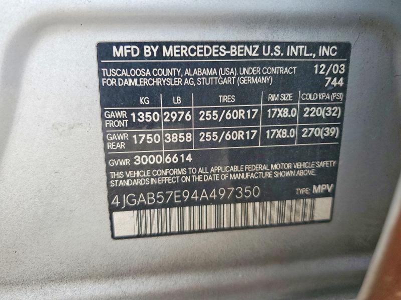 57539176 :رقم المزاد ، 4JGAB57E94A497350 vin ، 2004 Mercedes-benz Ml مزاد بيع