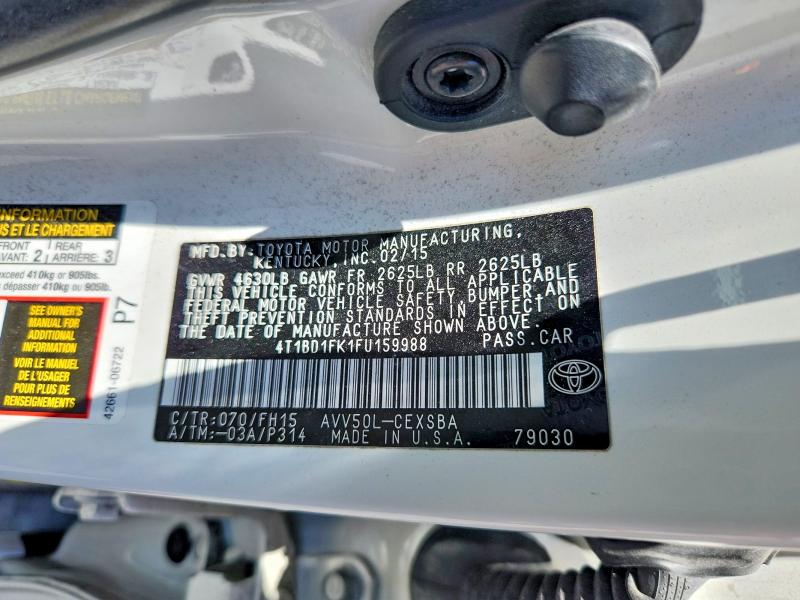 56363886 :رقم المزاد ، 4T1BD1FK1FU159988 vin ، 2015 Toyota Camry Hybrid مزاد بيع