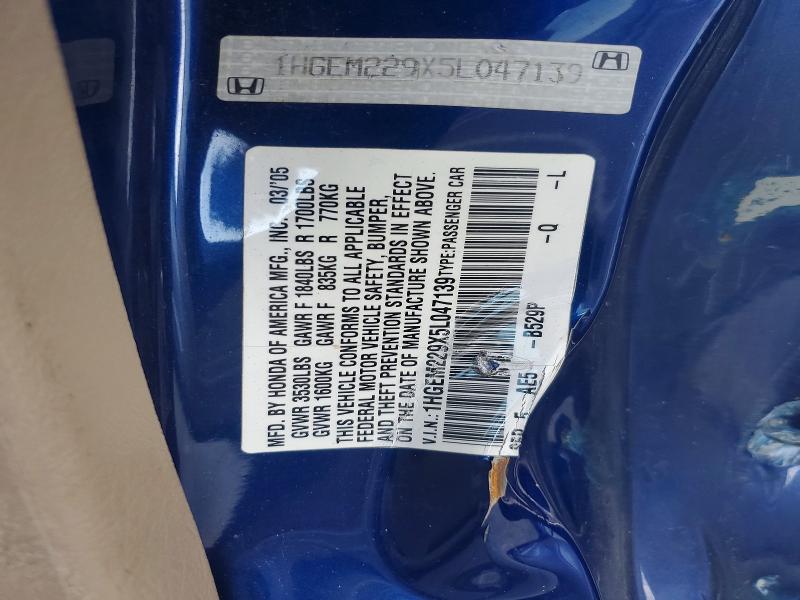 2005 Honda Civic მანქანა იყიდება აუქციონზე, vin: 1HGEM229X5L047139, აუქციონის ნომერი: 55652726