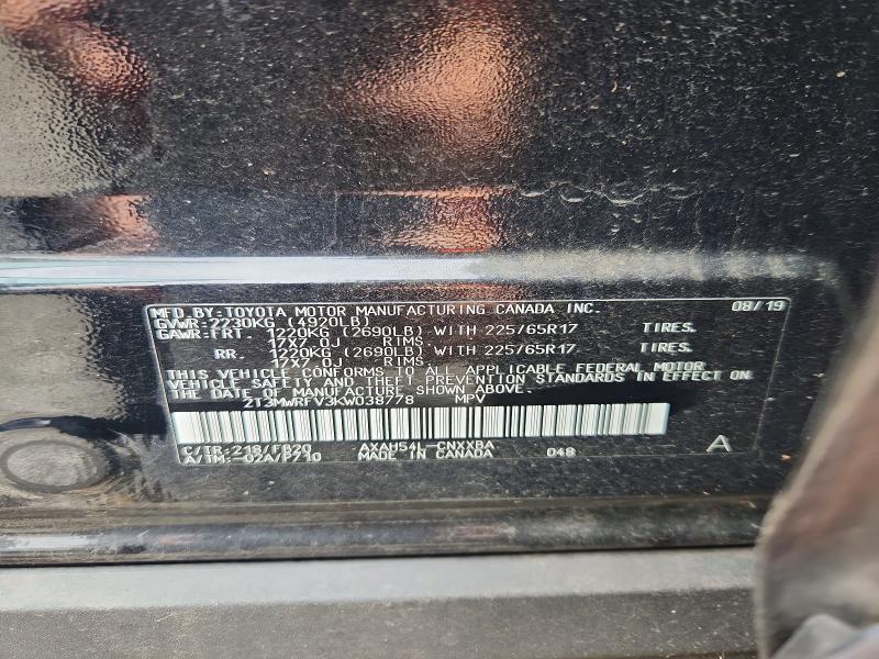58234046 :رقم المزاد ، 2T3MWRFV3KW038778 vin ، 2019 Toyota Rav4 مزاد بيع