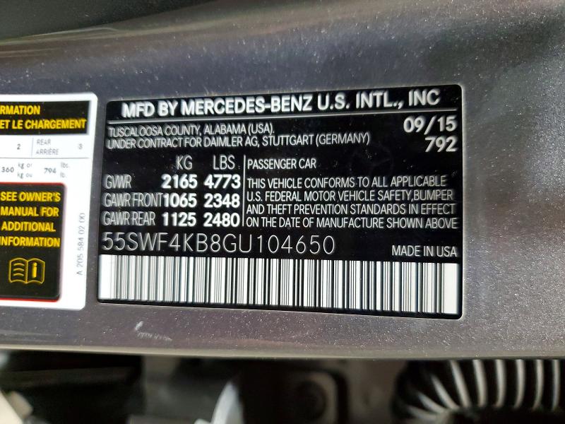 2016 Mercedes-benz C მანქანა იყიდება აუქციონზე, vin: 55SWF4KB8GU104650, აუქციონის ნომერი: 58559626