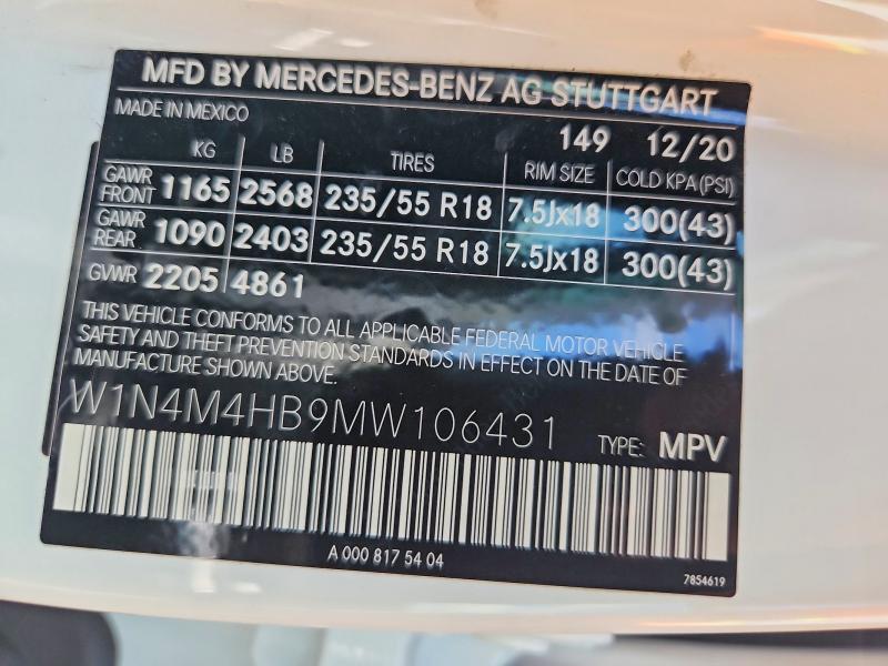 2021 Mercedes-benz Glb მანქანა იყიდება აუქციონზე, vin: W1N4M4HB9MW106431, აუქციონის ნომერი: 58849806