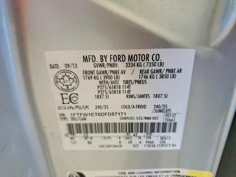 2013 Ford F150 მანქანა იყიდება აუქციონზე, vin: 1FTFW1ET6DFD57171, აუქციონის ნომერი: 58799846