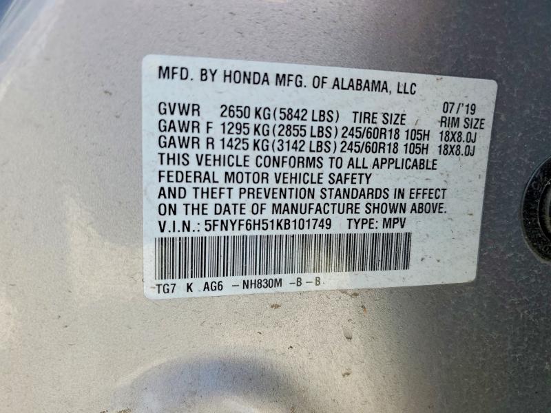 Aukcja sprzedaży 2019 Honda Pilot, vin: 5FNYF6H51KB101749, numer aukcji: 57372016