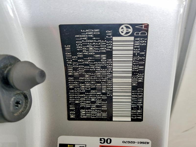 56604576 :رقم المزاد ، 5YFBURHE7KP948504 vin ، 2019 Toyt Corolla مزاد بيع