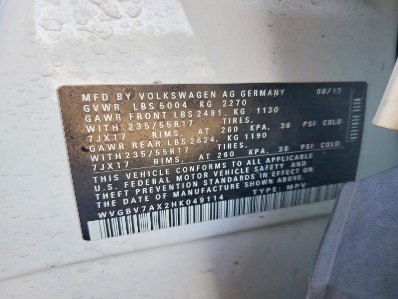 Aukcja sprzedaży 2017 Volkswagen Tiguan, vin: WVGBV7AX2HK049114, numer aukcji: 59198186