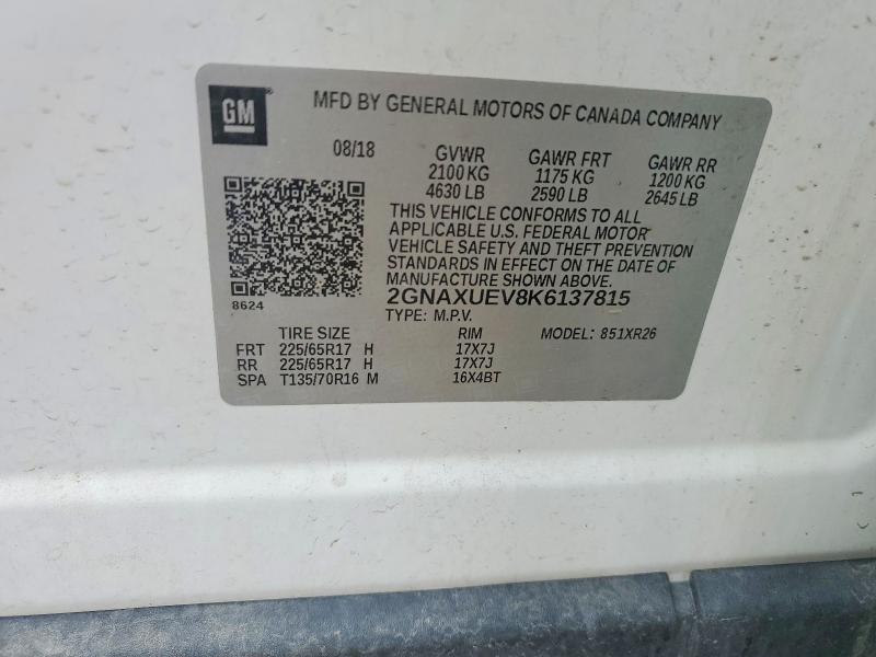 2019 Chevrolet Equinox მანქანა იყიდება აუქციონზე, vin: 2GNAXUEV8K6137815, აუქციონის ნომერი: 58291046