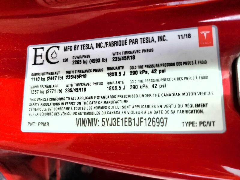 54420886 :رقم المزاد ، 5YJ3E1EB1JF126997 vin ، 2018 Tesla Model 3 مزاد بيع