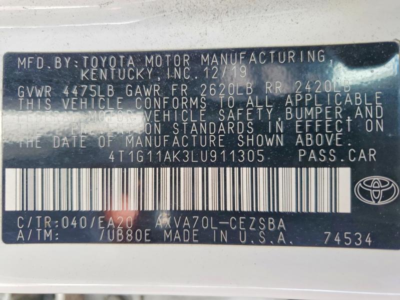 Продажа на аукционе авто 2020 Toyota Camry, vin: 4T1G11AK3LU911305, номер лота: 56304636